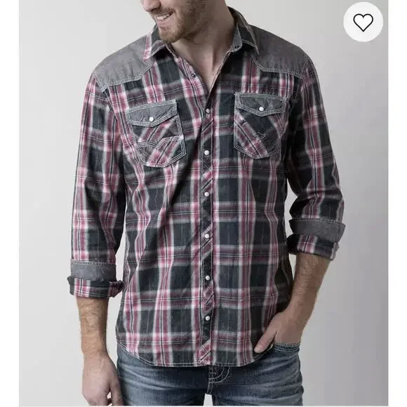 BKE Vintage Shirt Mens XL Plaid Western Pearl Snap Athletic Fit Cowboy - Picture 3 of 14